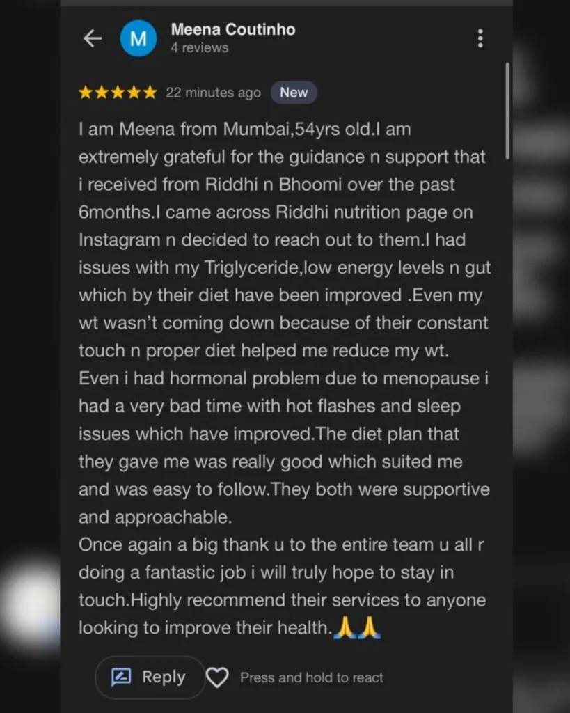 Google review from Meena Coutinho about menopause symptoms improving